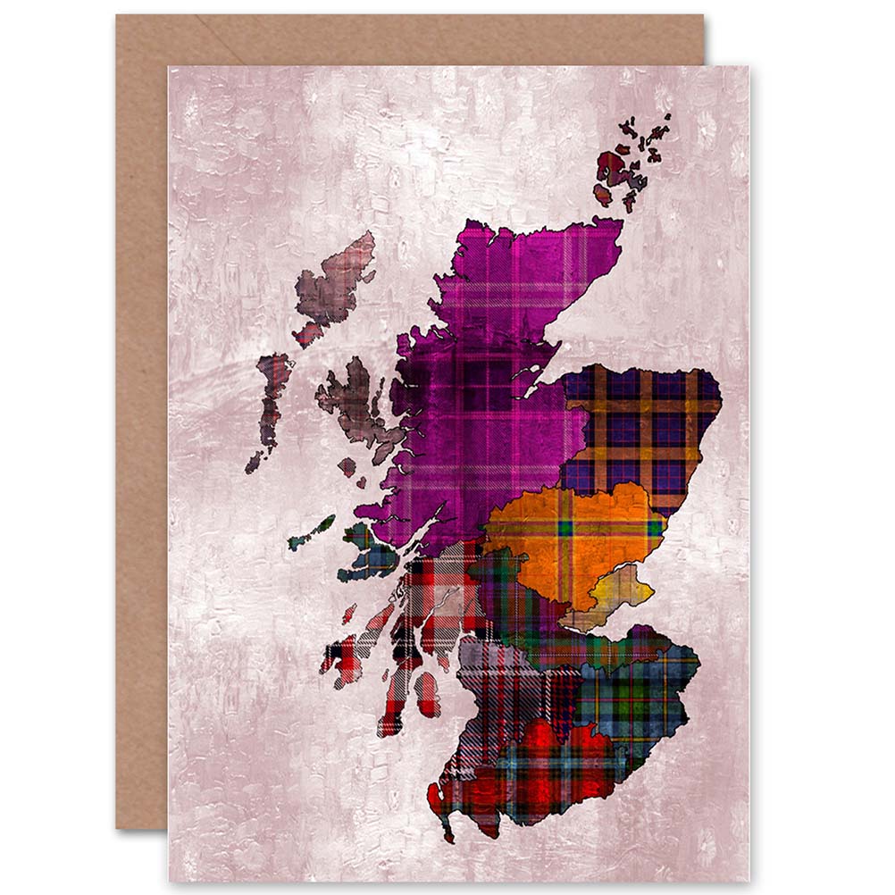 Map Stylised Colourful Tartan Tweed Scotland Greeting Card