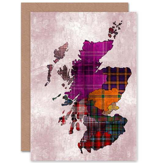 Map Stylised Colourful Tartan Tweed Scotland Greeting Card