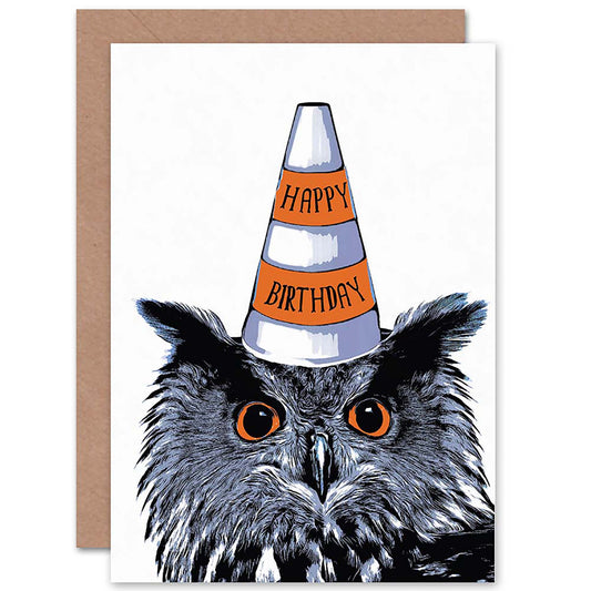 Owl Bird Traffic Cone Hat Funny Birthday Card