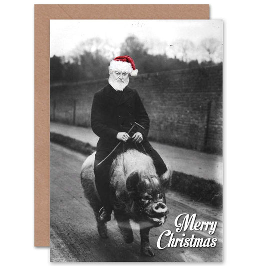 Xmas Bizarre Santa on Pig Funny Merry Christmas Card