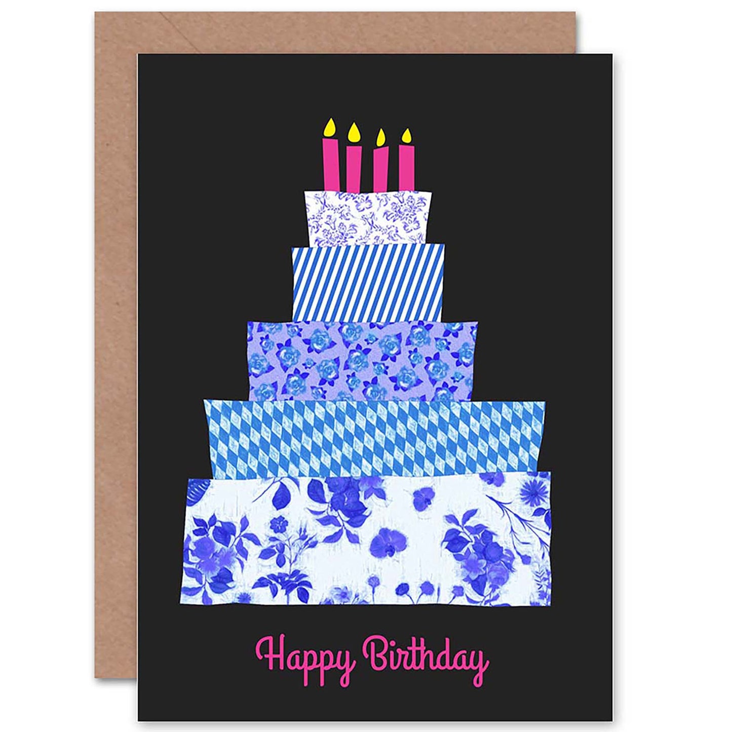 Blue Pattern Birthday Cake And Pink Candles Birthday Card
