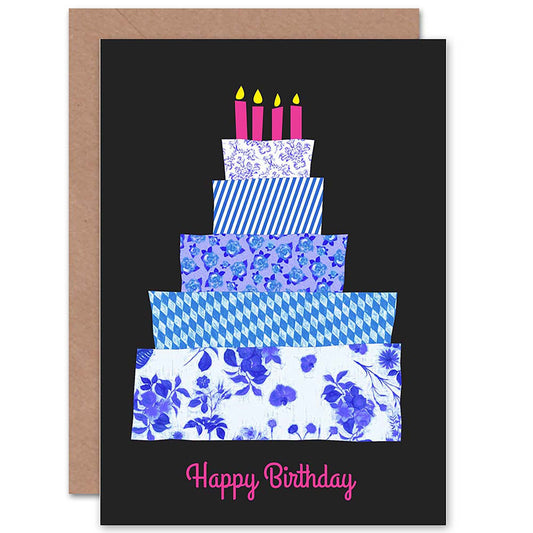 Blue Pattern Birthday Cake And Pink Candles Birthday Card