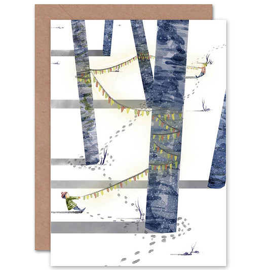 Winter Tree Fairy Lights Tug of War Christmas Card