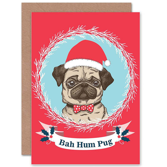 Bah Hum Pug Dog Humbug Santa Christmas Card