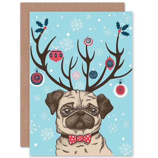 Pug with Ornament Antlers Cute Dog Christmas Card