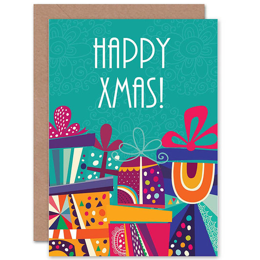 Happy Xmas Blue Presents Modern Colourful Christmas Card
