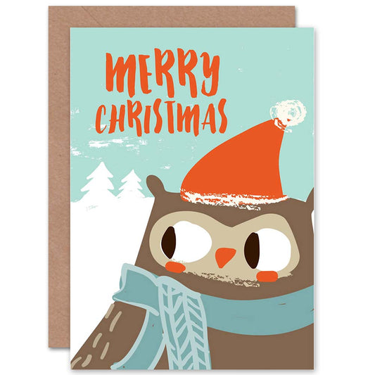 Owl With Santa Hat Winter Scarf Christmas Card