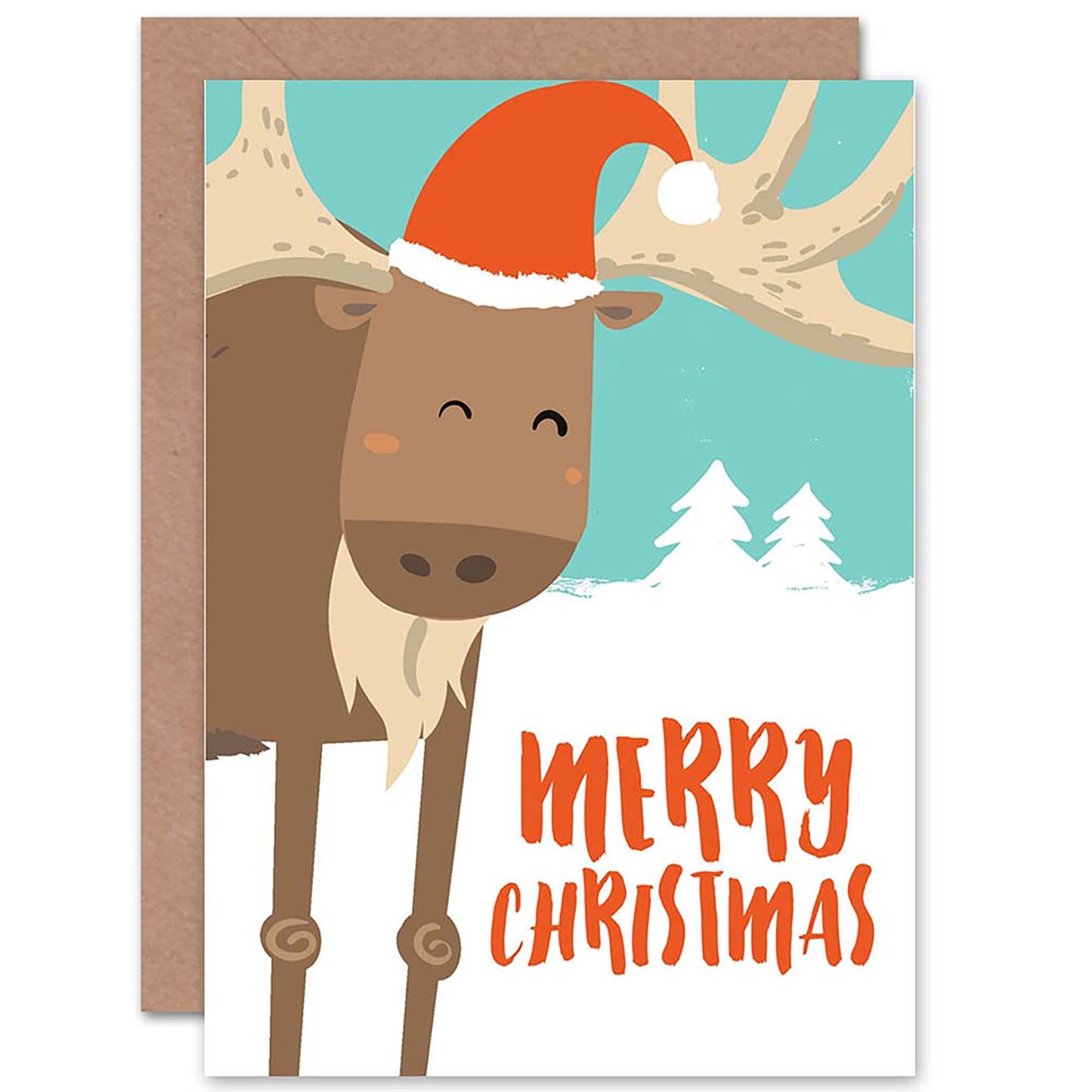 Santa Hat Reindeer Snowy Forest Cute Cartoon Christmas Card