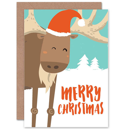 Santa Hat Reindeer Snowy Forest Cute Cartoon Christmas Card