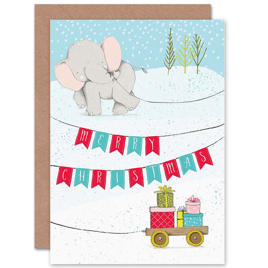 Baby Elephant Bunting Winter Snow Child Kids Christmas Card