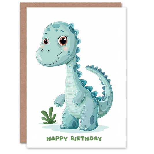 Blue Baby Dinosaur Cartoon Cute Kids Birthday Card