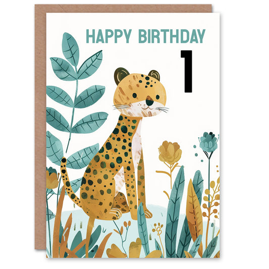 Cute Cheetah Jungle Plants Fun Kids Birthday Card