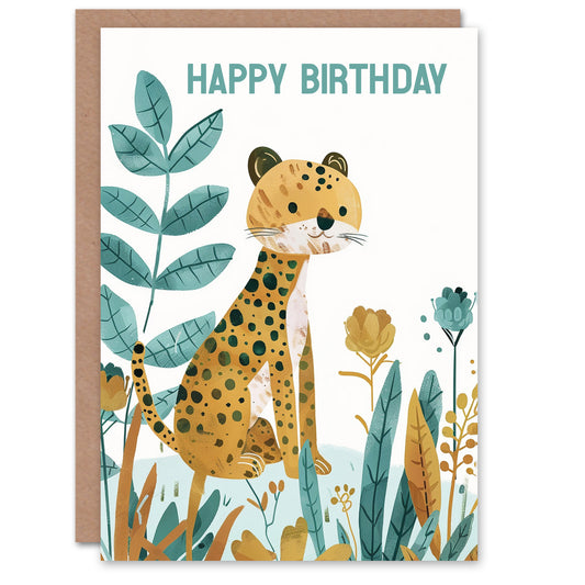 Cheetah in Jungle Plants Fun Cute Kids Birthday Card