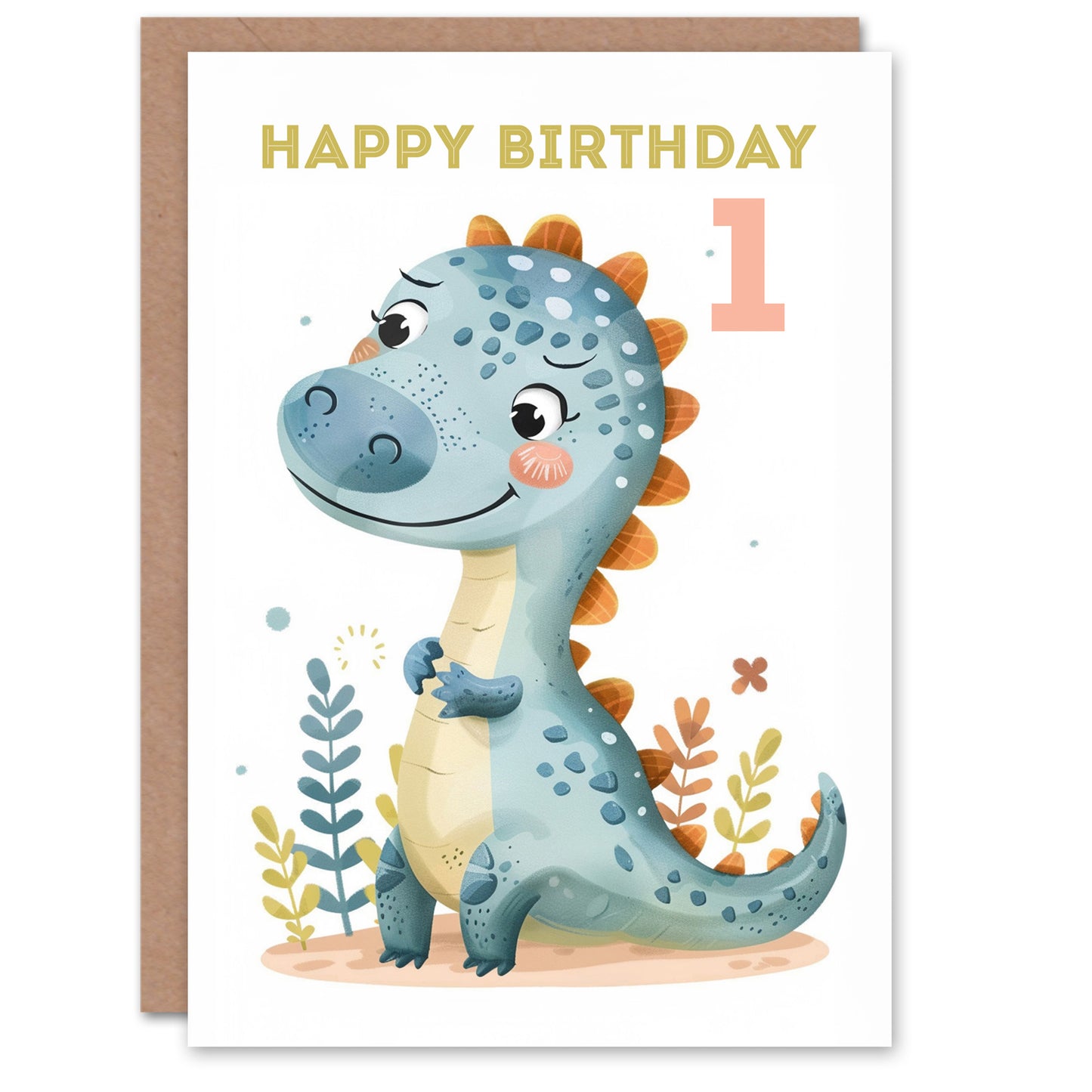 Cute Blue Dinosaur Cartoon Drawing Fun Kids Birthday Card