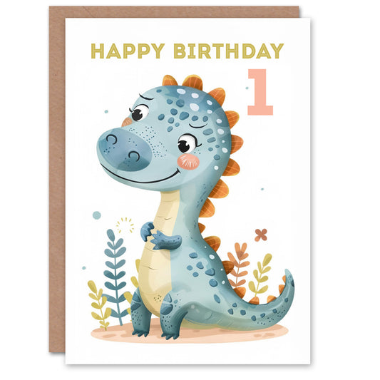 Cute Blue Dinosaur Cartoon Drawing Fun Kids Birthday Card