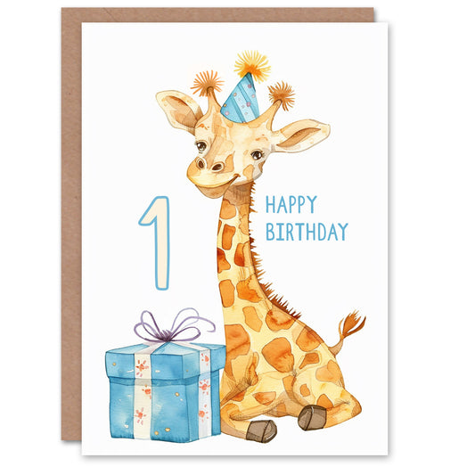 Cute Giraffe Party Hat Cartoon Fun Kids Birthday Card