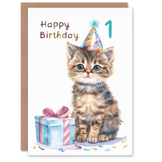 Cute Baby Cat Kitten Party Hat Kids Birthday Card
