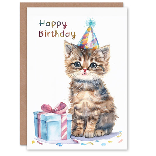 Cute Kitten Baby Cat in Party Hat Kids Birthday Card