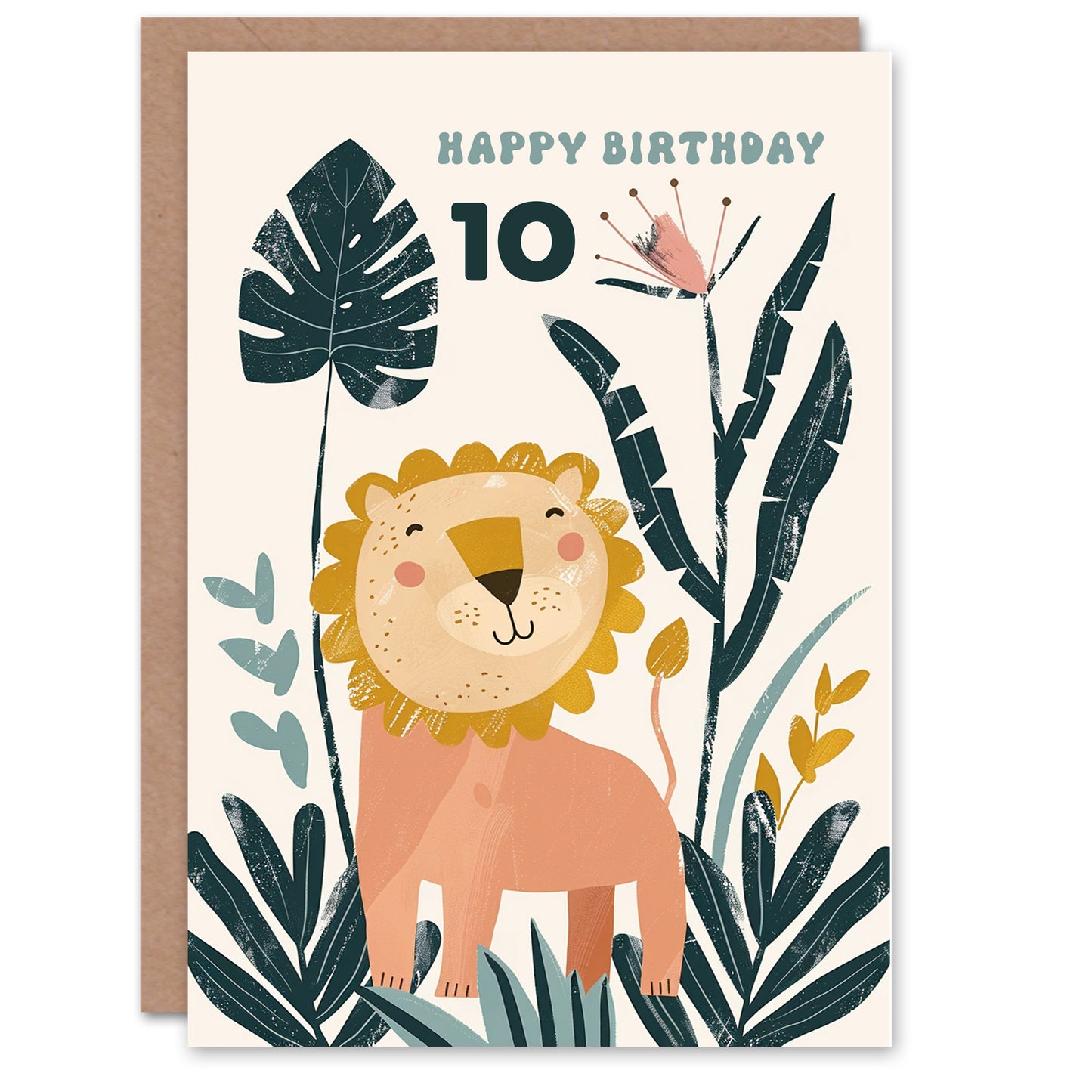 Cute Happy Lion Jungle Flowers Kids Birthday Card