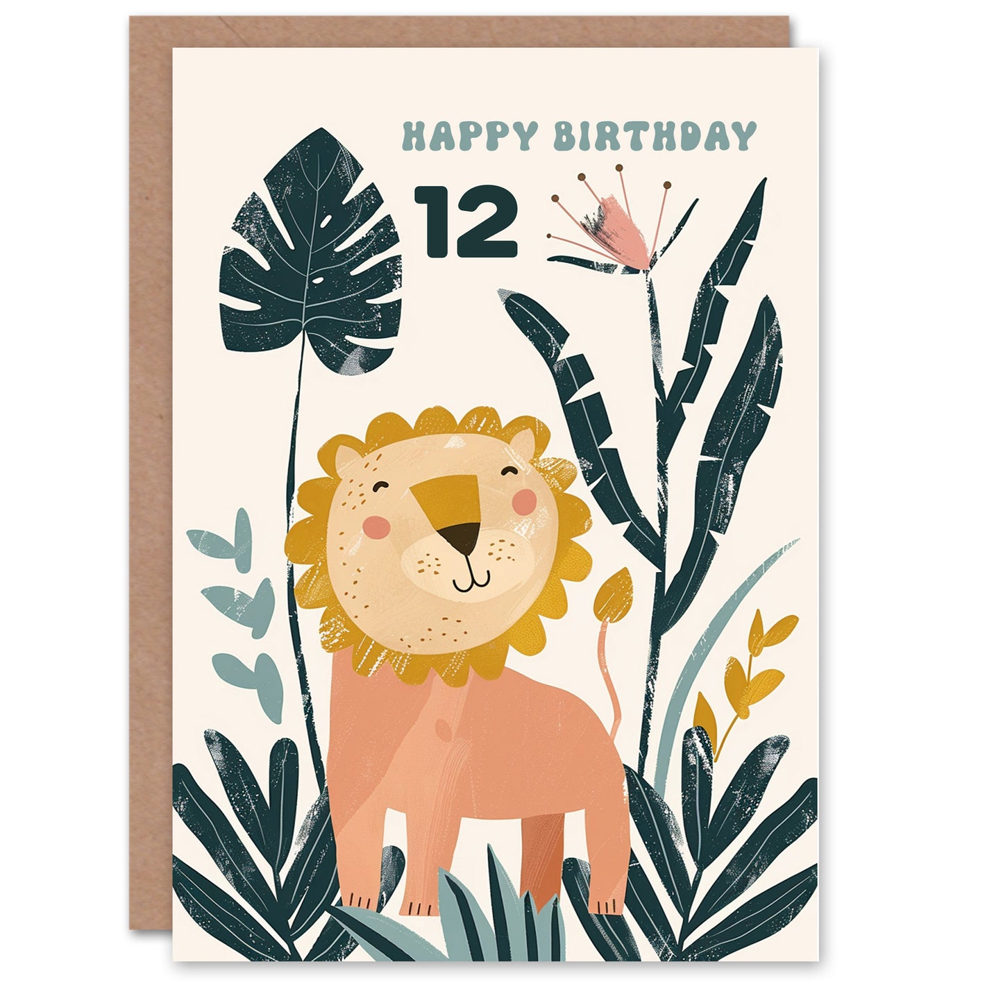 Cute Happy Lion Jungle Flowers Kids Birthday Card