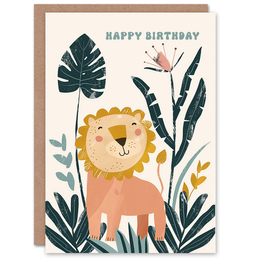 Happy Lion Jungle Flowers Cute Kids Birthday Card