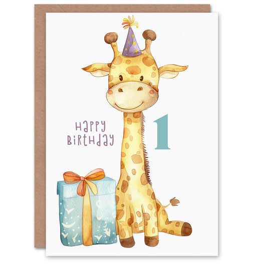 Cute Baby Giraffe in Party Hat Cartoon Kids Birthday Card