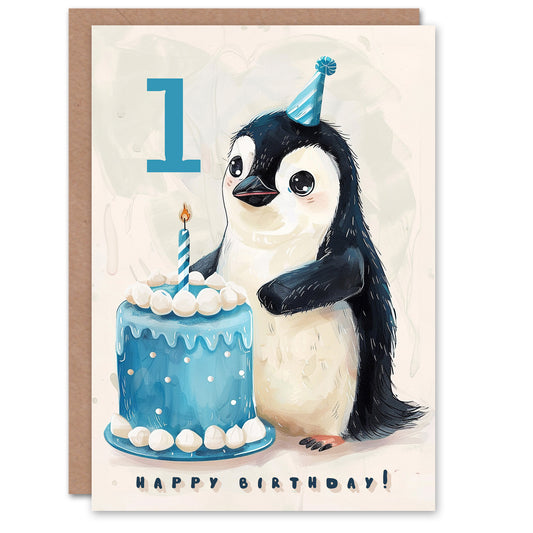 Cute Baby Penguin Cake Cartoon Kids Birthday Card