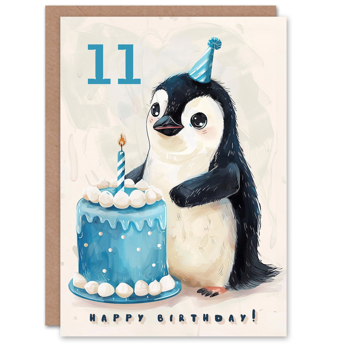 Cute Baby Penguin Cake Cartoon Kids Birthday Card