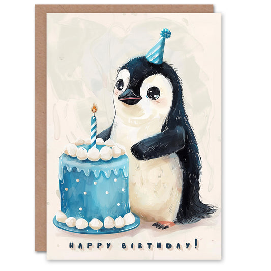 Baby Penguin with Cake Cartoon Cute Kids Birthday Card