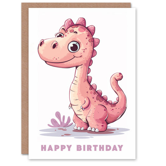 Pink Baby Dinosaur Cartoon Cute Kids Birthday Card