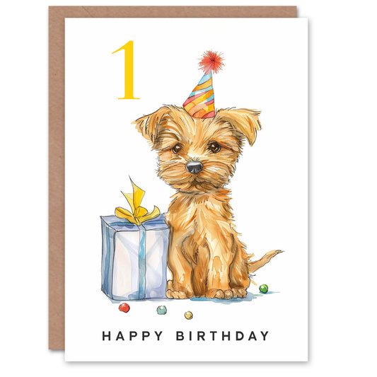 Cute Terrier Dog Puppy Party Hat Kids Birthday Card