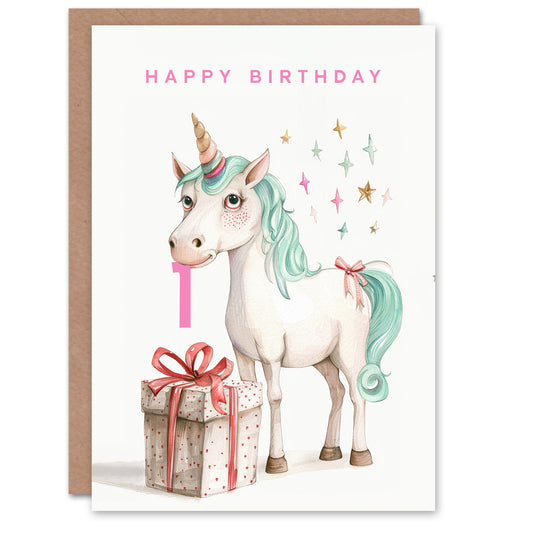 Unicorn Stars Present Fun Kids Birthday Card