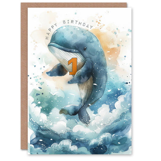 Cute Whale Wave Jump Illustration Child Kids Birthday Card
