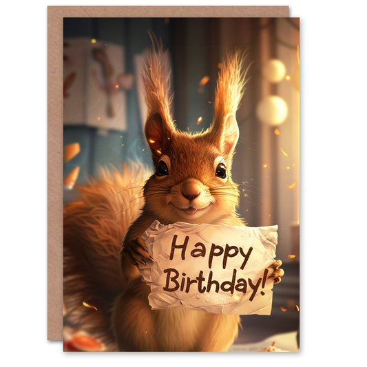 Cute Red Squirrel Holding Sign Kids Birthday Card