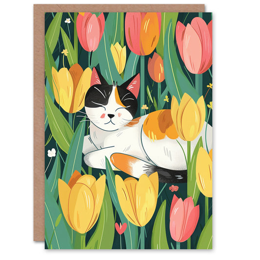 Cat Lover Calico Kitty In Tulip Flower Field Greeting Card