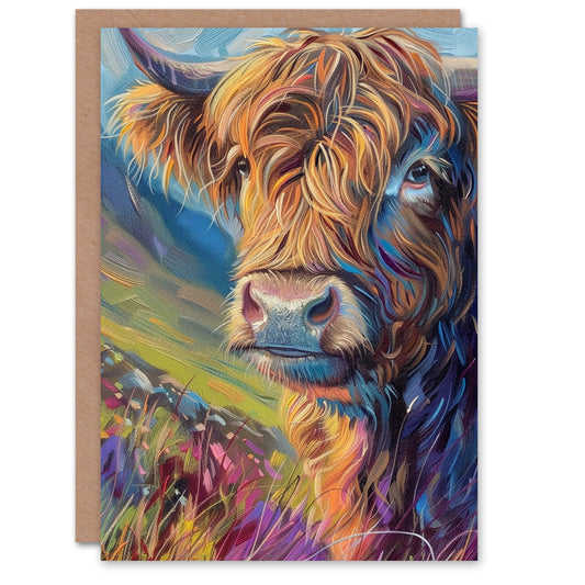 Highland Cow Scottish Hairy Coo Oil Painting Greeting Card