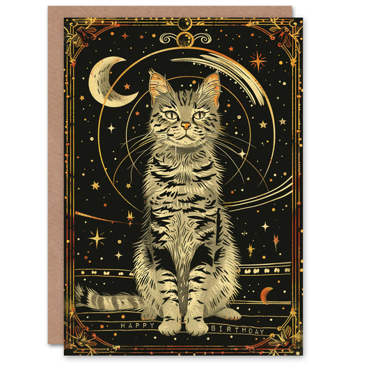 Birthday Card Cat Lover Cosmic Feline Tarot Card Style Greeting Card