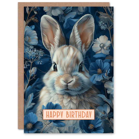 Birthday Card Cute Bunny Rabbit Blue Flower Pattern