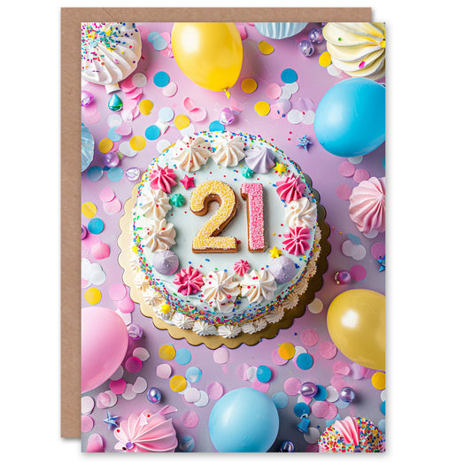 Twenty One 21st Cake Party Balloons Confetti Adult Birthday Card