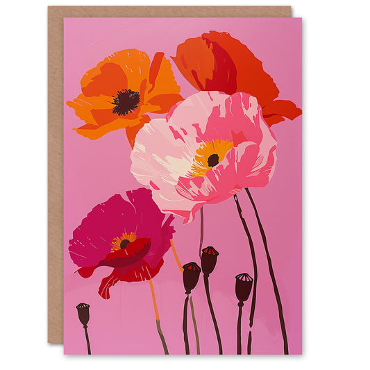 Poppies Orange Pink Flowers Design Birthday Card
