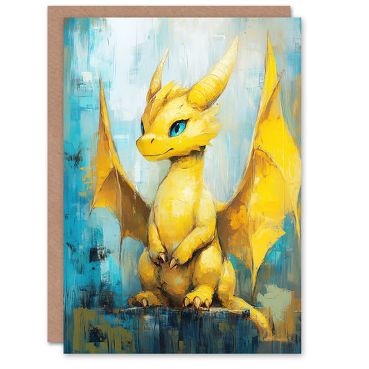 Cute Yellow Baby Dragon Fantasy Painting Greeting Card