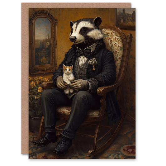 Victorian Badger With Kitten On Rocking Chair Greeting Card
