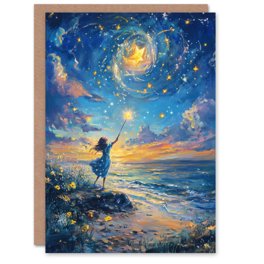 Wish Upon A Star Magical Sky Beach Fantasy Art Greeting Card