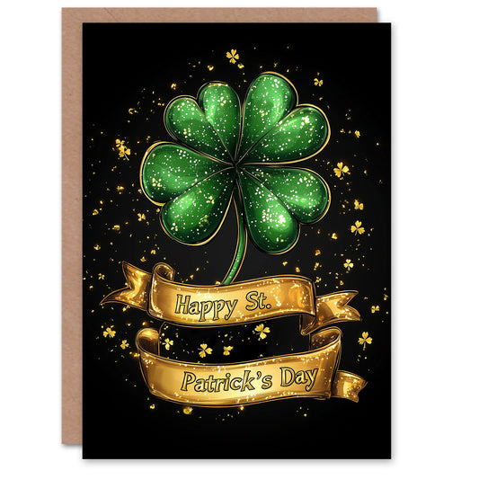 St. Patrick's Day Card Golden Four Leaf Clover Blank Greeting Card