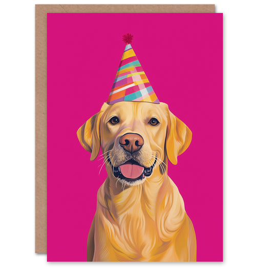 Birthday Card Yellow Labrador Retriever Dog Party Hat Hot Pink