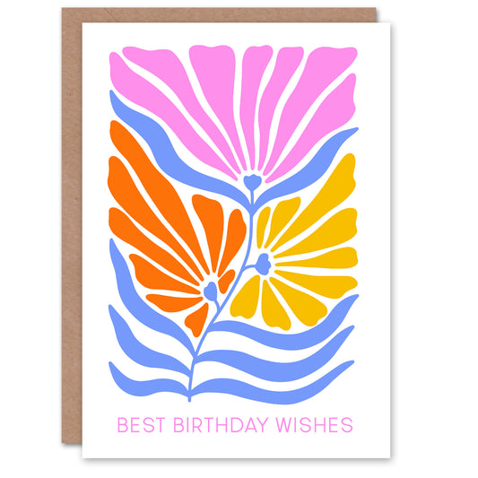 Birthday Card Retro Groovy Flowers Best Wishes Pastel Floral