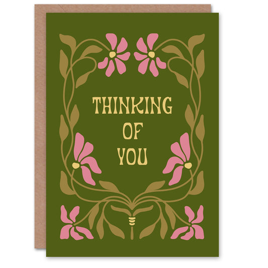 Sympathy Card Thinking of You Pink Green Floral Art Nouveau