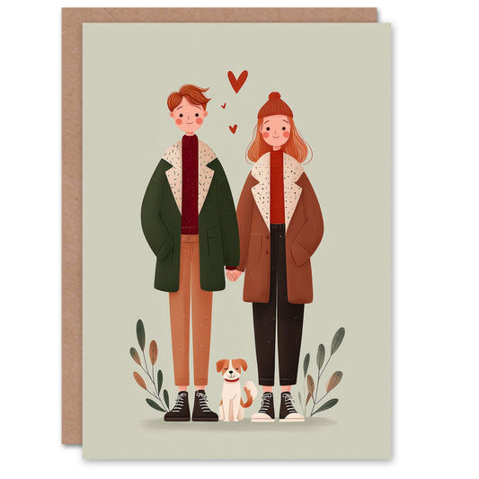 Cute Couple With Pet Dog Cartoon Illustration Valentine's Day Card