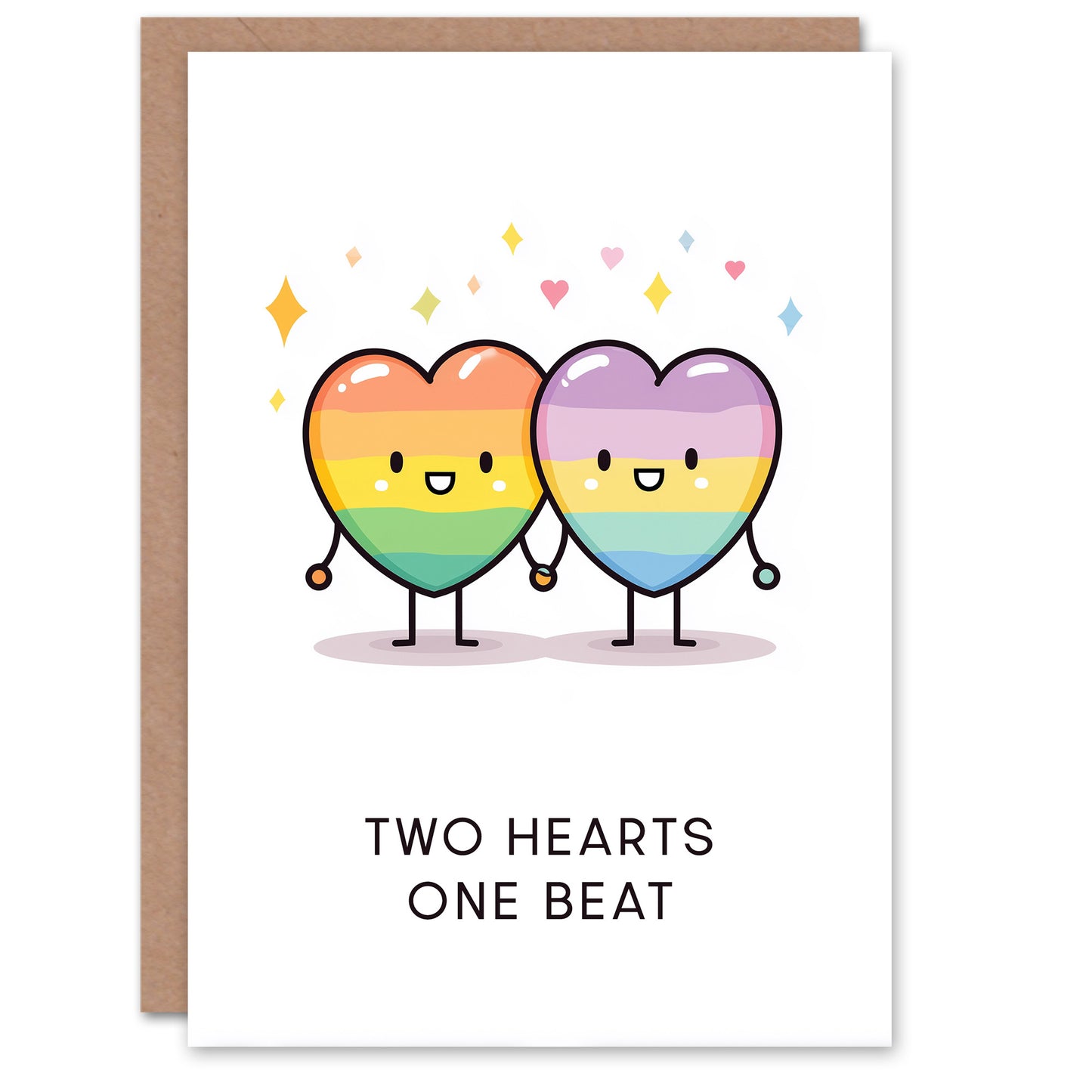 Two Adorable Lgbtq Rainbow Kawai Hearts One Beat Valentine's Day Card
