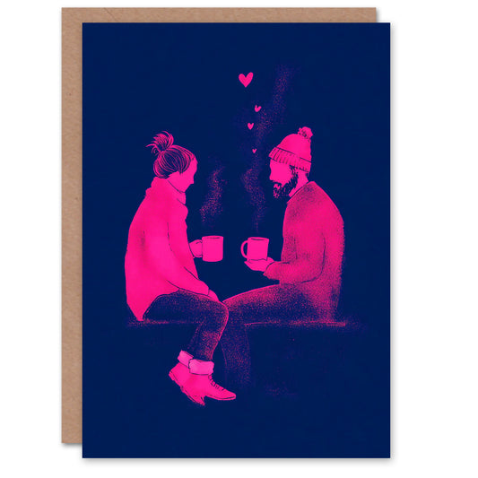 Coffee Date Pink Blue Couple Illustration Valentine's Day Card